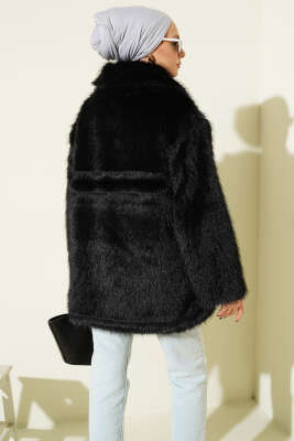 Fermuarlı Gömlek Yaka Kürk Mont Siyah - Mont