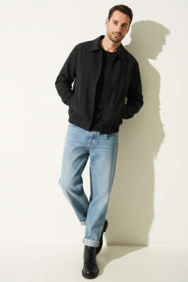 Fermuarlı Gömlek Yaka Mevsimlik Erkek Mont Siyah - Erkek Mont