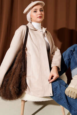 Fermuarlı Gömlek Yaka Süet Ceket Bej - VAV TEKSTİL