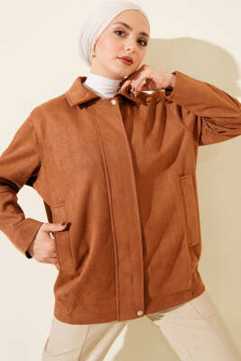 Fermuarlı Gömlek Yaka Süet Ceket Camel - VAV TEKSTİL