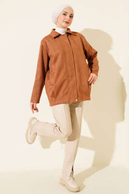Fermuarlı Gömlek Yaka Süet Ceket Camel - Ceket