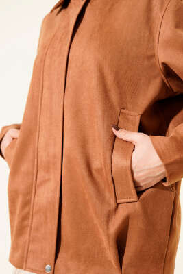 Fermuarlı Gömlek Yaka Süet Ceket Camel - Ceket