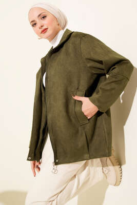 Fermuarlı Gömlek Yaka Süet Ceket Haki - VAV TEKSTİL