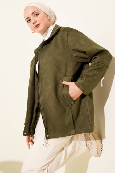 Fermuarlı Gömlek Yaka Süet Ceket Haki - Ceket