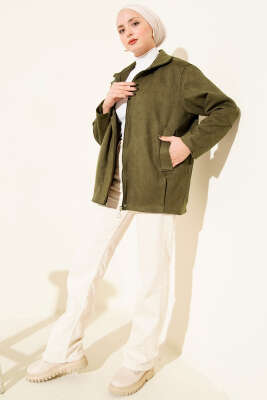 Fermuarlı Gömlek Yaka Süet Ceket Haki - Ceket