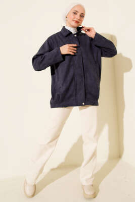 Fermuarlı Gömlek Yaka Süet Ceket Lacivert - Ceket