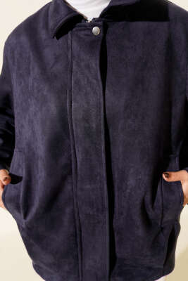 Fermuarlı Gömlek Yaka Süet Ceket Lacivert - Ceket