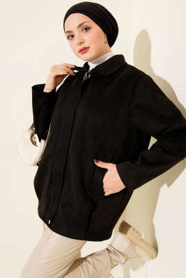 Fermuarlı Gömlek Yaka Süet Ceket Siyah - VAV TEKSTİL