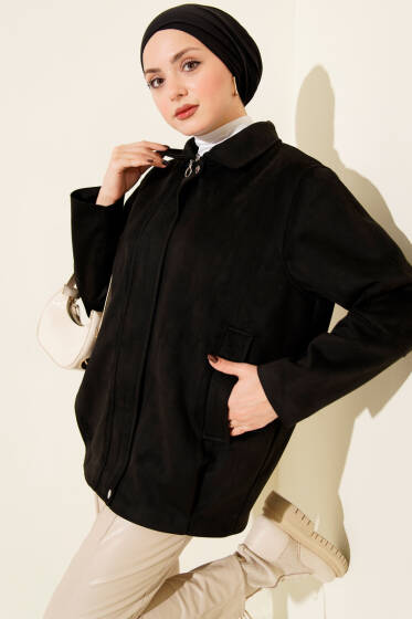 Fermuarlı Gömlek Yaka Süet Ceket Siyah - Ceket