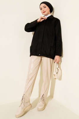 Fermuarlı Gömlek Yaka Süet Ceket Siyah - Ceket