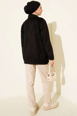 Fermuarlı Gömlek Yaka Süet Ceket Siyah - Ceket