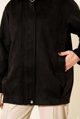 Fermuarlı Gömlek Yaka Süet Ceket Siyah - Ceket