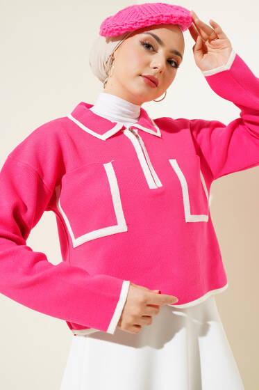 Fermuarlı Gömlek Yaka Triko Crop Kazak Fuşya - Triko Kazak
