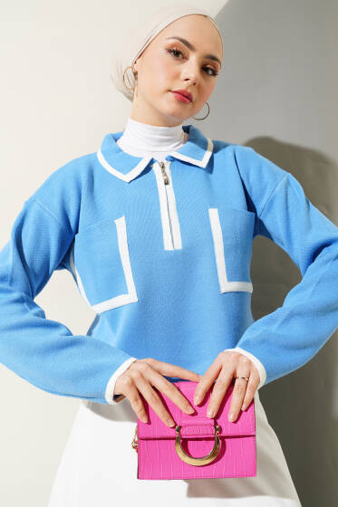 Fermuarlı Gömlek Yaka Triko Crop Kazak İndigo - Triko Kazak