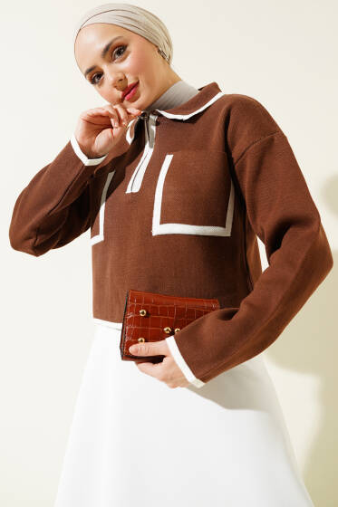 Fermuarlı Gömlek Yaka Triko Crop Kazak Kahve - Triko Kazak