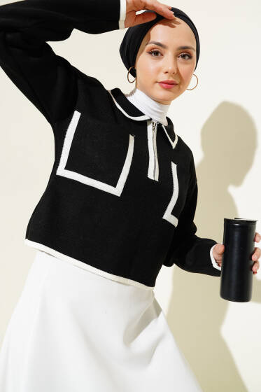 Fermuarlı Gömlek Yaka Triko Crop Kazak Siyah - Triko Kazak