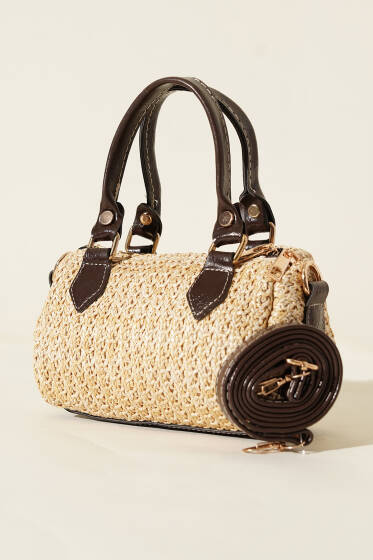 Fermuarlı Hasır Çanta Acı Kahve - Kol Çantası