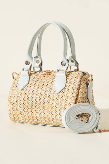 Fermuarlı Hasır Çanta Bebe Mavi - Kol Çantası