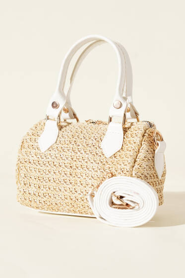 Fermuarlı Hasır Çanta Beyaz - Kol Çantası