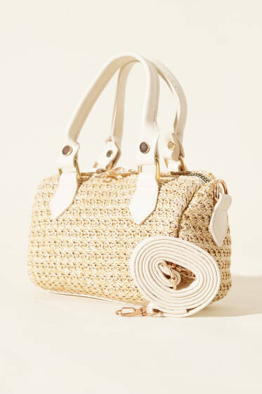 Fermuarlı Hasır Çanta Krem - Kol Çantası