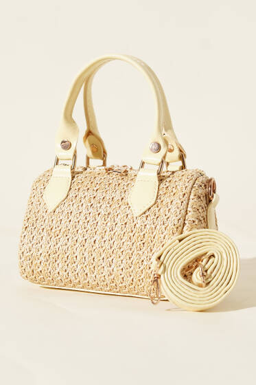 Fermuarlı Hasır Çanta Sarı - Kol Çantası