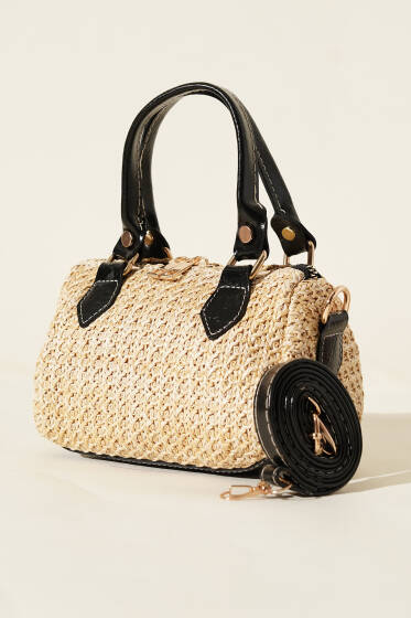 Fermuarlı Hasır Çanta Siyah - Kol Çantası