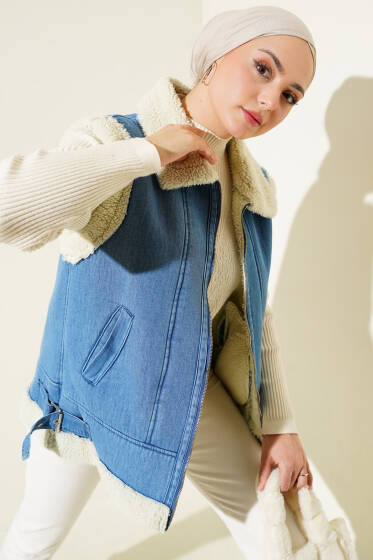 Fermuarlı İçi Kürklü Kot Yelek Mavi - Yelek