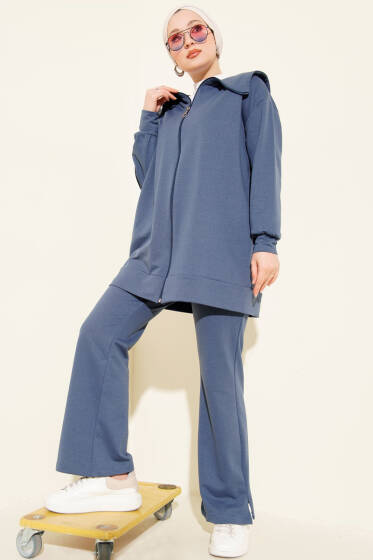 Fermuarlı İki İplik İkili Takım İndigo - İkili Takım