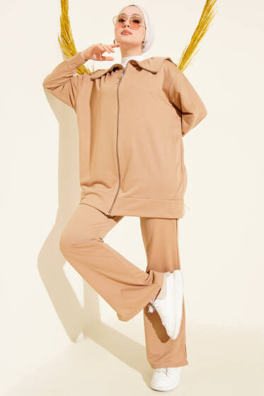 Fermuarlı İki İplik İkili Takım Latte - İkili Takım