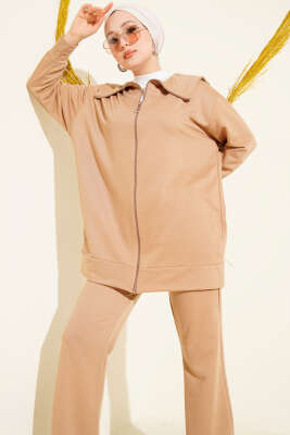 Fermuarlı İki İplik İkili Takım Latte - İkili Takım