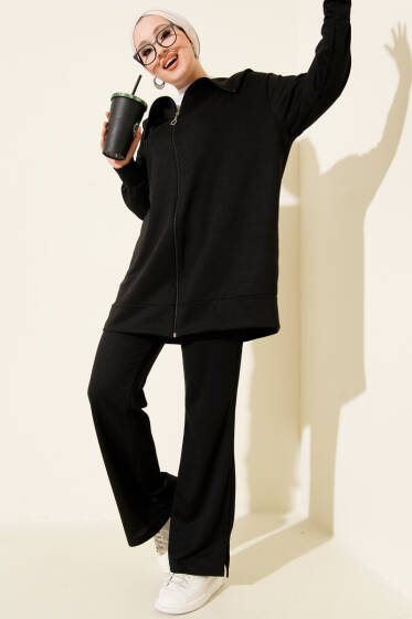 Fermuarlı İki İplik İkili Takım Siyah - İkili Takım