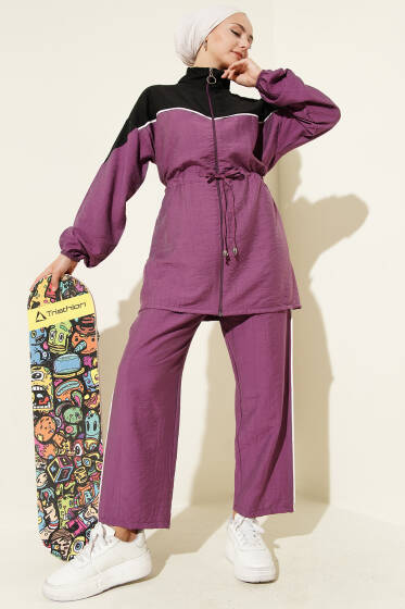 Fermuarlı İp Detaylı İkili Takım Magenta - İkili Takım