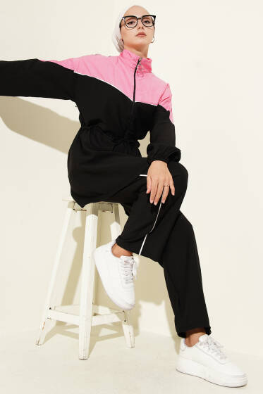 Fermuarlı İp Detaylı İkili Takım Siyah - İkili Takım