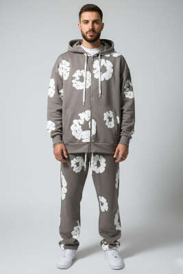 Fermuarlı Kabartma Baskı Erkek Sweatshirt Antrasit - Erkek Sweatshirt