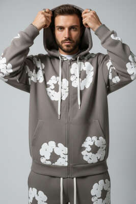 Fermuarlı Kabartma Baskı Erkek Sweatshirt Antrasit - EKSİ BİR