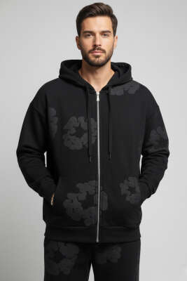 Fermuarlı Kabartma Baskı Erkek Sweatshirt Siyah - EKSİ BİR