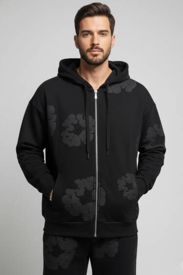 Fermuarlı Kabartma Baskı Erkek Sweatshirt Siyah - Erkek Sweatshirt