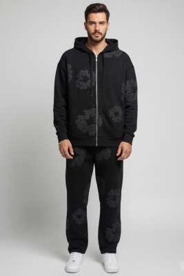 Fermuarlı Kabartma Baskı Erkek Sweatshirt Siyah - Erkek Sweatshirt