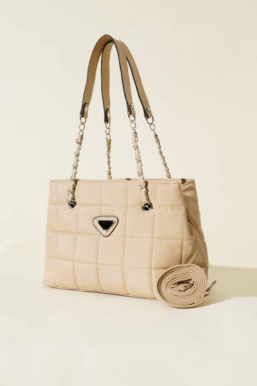 Fermuarlı Kapitone Kare Çanta Bej - Kol Çantası