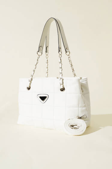 Fermuarlı Kapitone Kare Çanta Beyaz - Kol Çantası