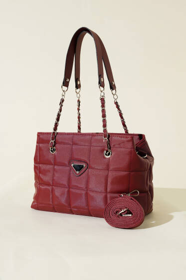 Fermuarlı Kapitone Kare Çanta Bordo - Kol Çantası