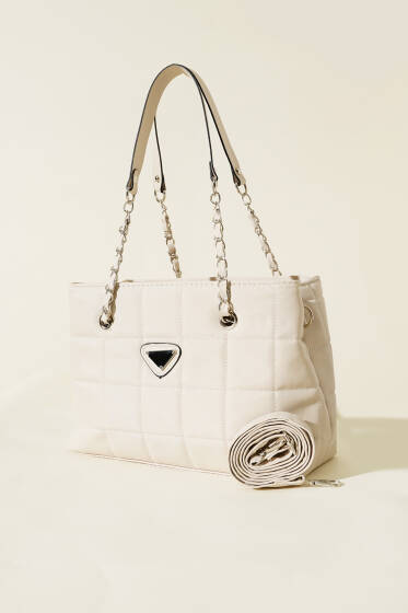 Fermuarlı Kapitone Kare Çanta Krem - Kol Çantası