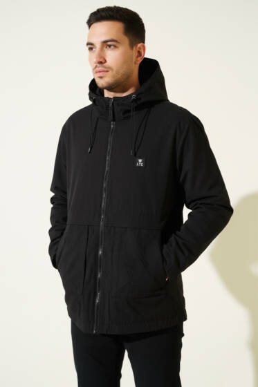 Fermuarlı Kapüşonlu Erkek Mevsimlik Mont Siyah - Erkek Mont