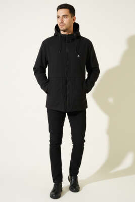 Fermuarlı Kapüşonlu Erkek Mevsimlik Mont Siyah - Erkek Mont