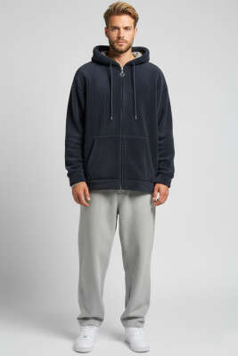 Fermuarlı Kapüşonlu Erkek Peluş Mont Füme - Erkek Mont