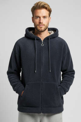 Fermuarlı Kapüşonlu Erkek Peluş Mont Füme - MURAT GİYİM