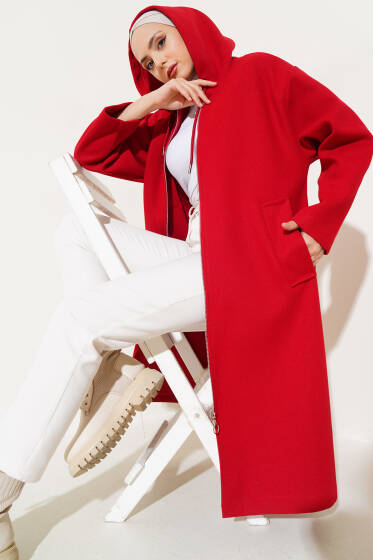 Fermuarlı Kapüşonlu Kaşe Kaban Kırmızı - Kaban