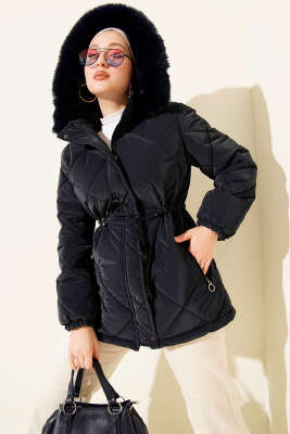 Fermuarlı Kapüşonlu Kısa Kapitone Mont Lacivert - MUSTİ