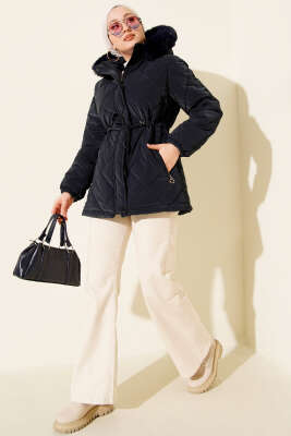 Fermuarlı Kapüşonlu Kısa Kapitone Mont Lacivert - Mont