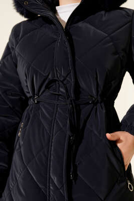 Fermuarlı Kapüşonlu Kısa Kapitone Mont Lacivert - Mont